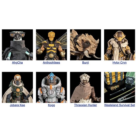 Cosmic Legions: OxKrewe Book Two Harrow Zone - Série complète de 7 figurines + Set d'accessoires "Wasteland Survival Set"