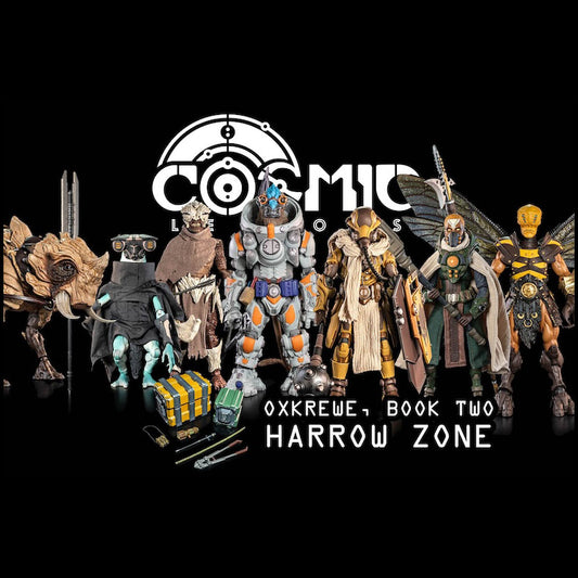 Cosmic Legions: OxKrewe Book Two Harrow Zone - Série complète de 7 figurines + Set d'accessoires "Wasteland Survival Set"