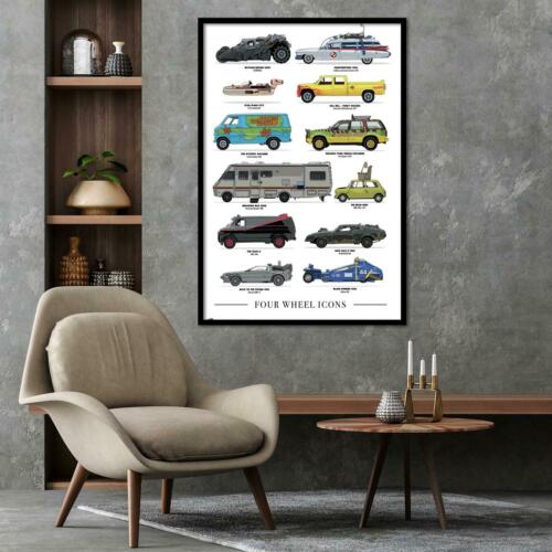 Poster FOUR WHEELS ICONS 61x91,5 cm Delorean, Batmobile, Landspeeder, Ecto-1, Jurassic Park, etc...