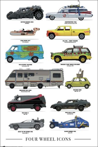 Poster FOUR WHEELS ICONS 61x91,5 cm Delorean, Batmobile, Landspeeder, Ecto-1, Jurassic Park, etc...